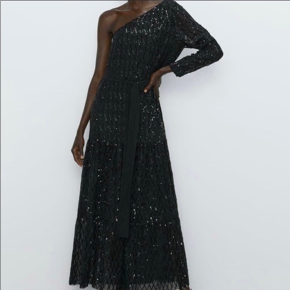 Zara black sequin asymmetrical maxi formal evening dress size XL - Picture 2 of 8